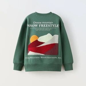 ZARA Kids Green Mountain Snow Freestyle Crewneck Sweatshirt Camping Outdoor 9-10